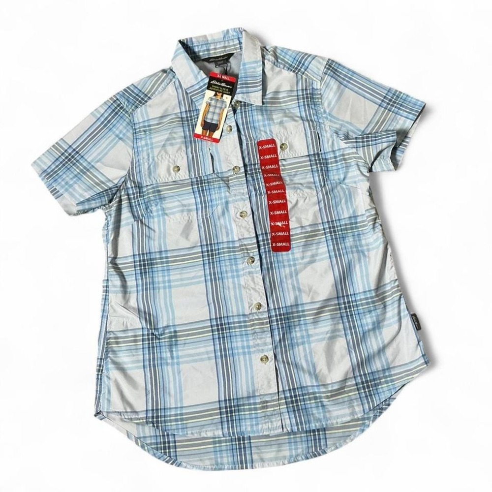 NEW Eddie Bauer Womens Blue Plaid Short Sleeve Adventure Shirt XS EB004068